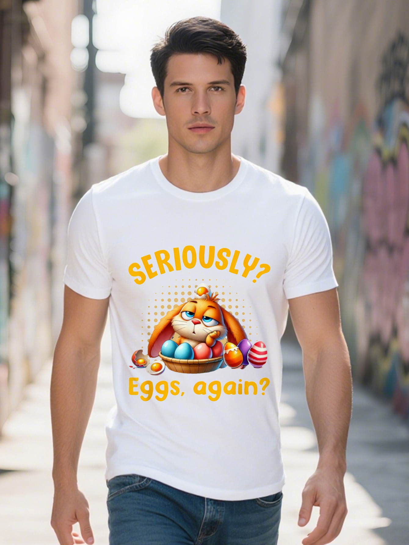 Men s g Cotton T Shirt Easter Egg Joke Design with Cartoon Rabbit Seriously Eggs Again Print Black Short 5195d
