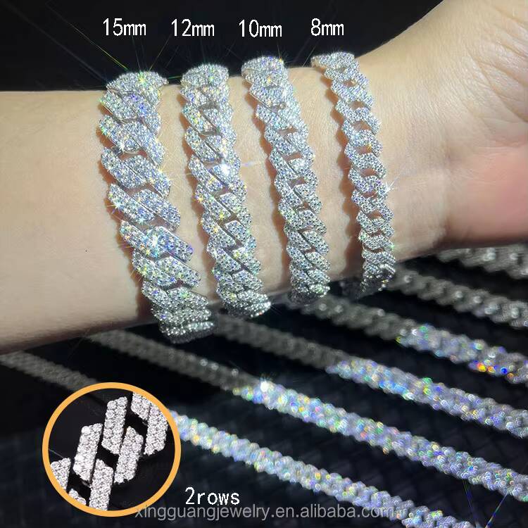 Pass Diamond Tester GRA Moissanite Diamond 8mm-15mm Wide 2Rows 925 Solid Silver Cuban Link Chain for Rapper Hip Hop Necklace