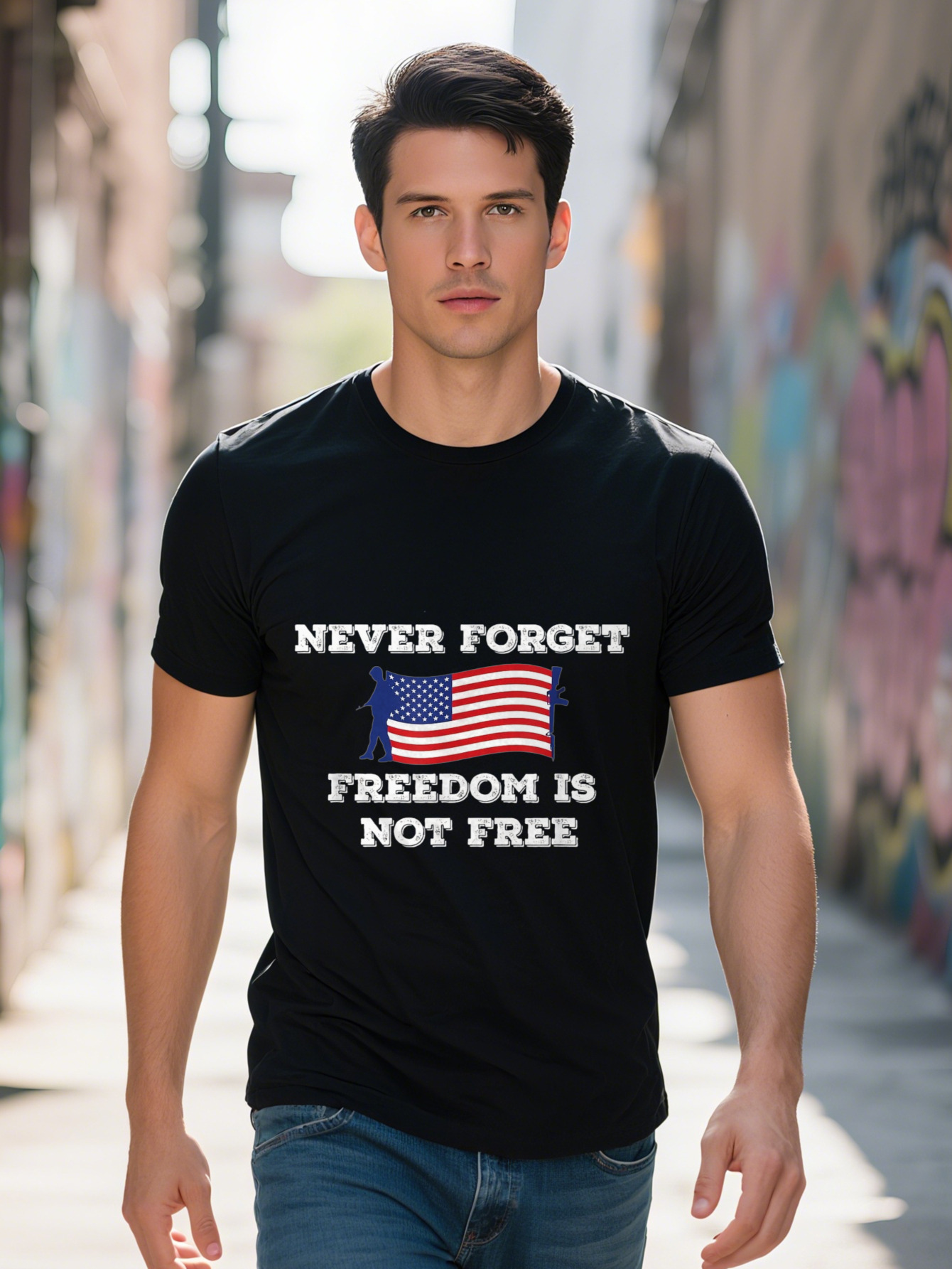 Men s Cotton T Shirt Never Forget Freedom Is Not Free Veterans Design with American Flag Dog Silhouette Casual e3ae4