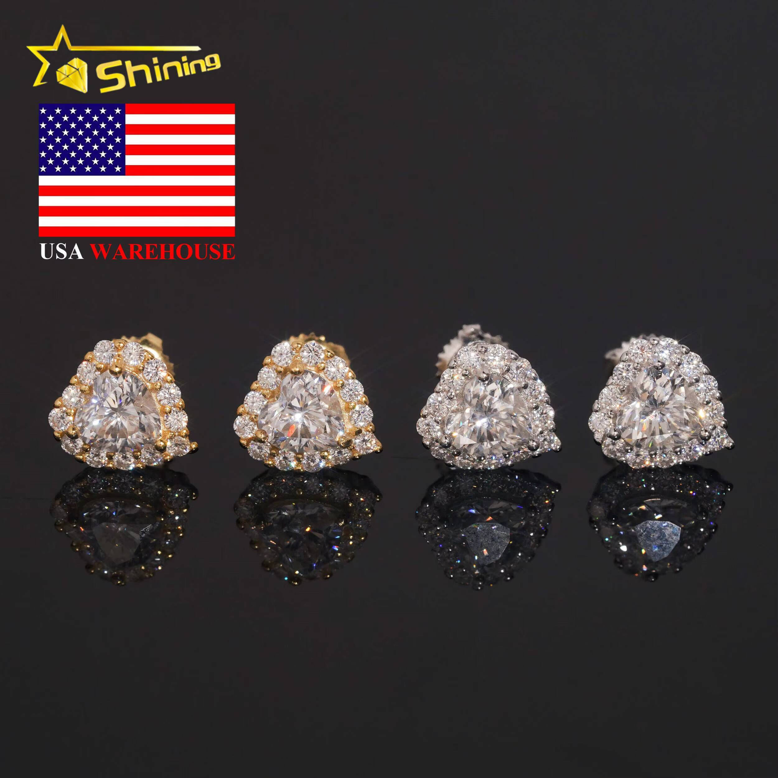 US Warehouse Fast Shipping Hip Hop Jewelry 925 Sterling Silver VVS Diamond Heart Cut Iced Out Moissanite Stud Earrings