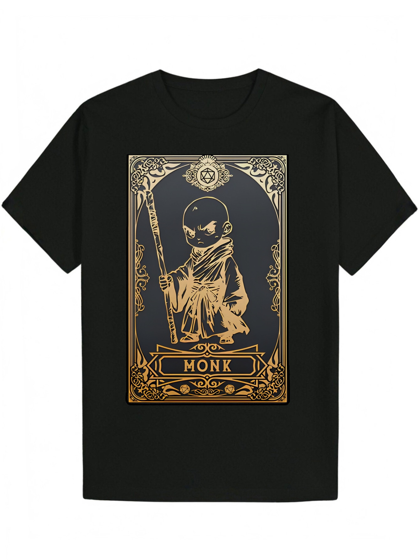 Men's Summer Short Sleeve T-Shirt - Black, Gold Monk Portrait and Decorative Design, Breathable Polyester Fiber, Machine Washable, Suitable for C