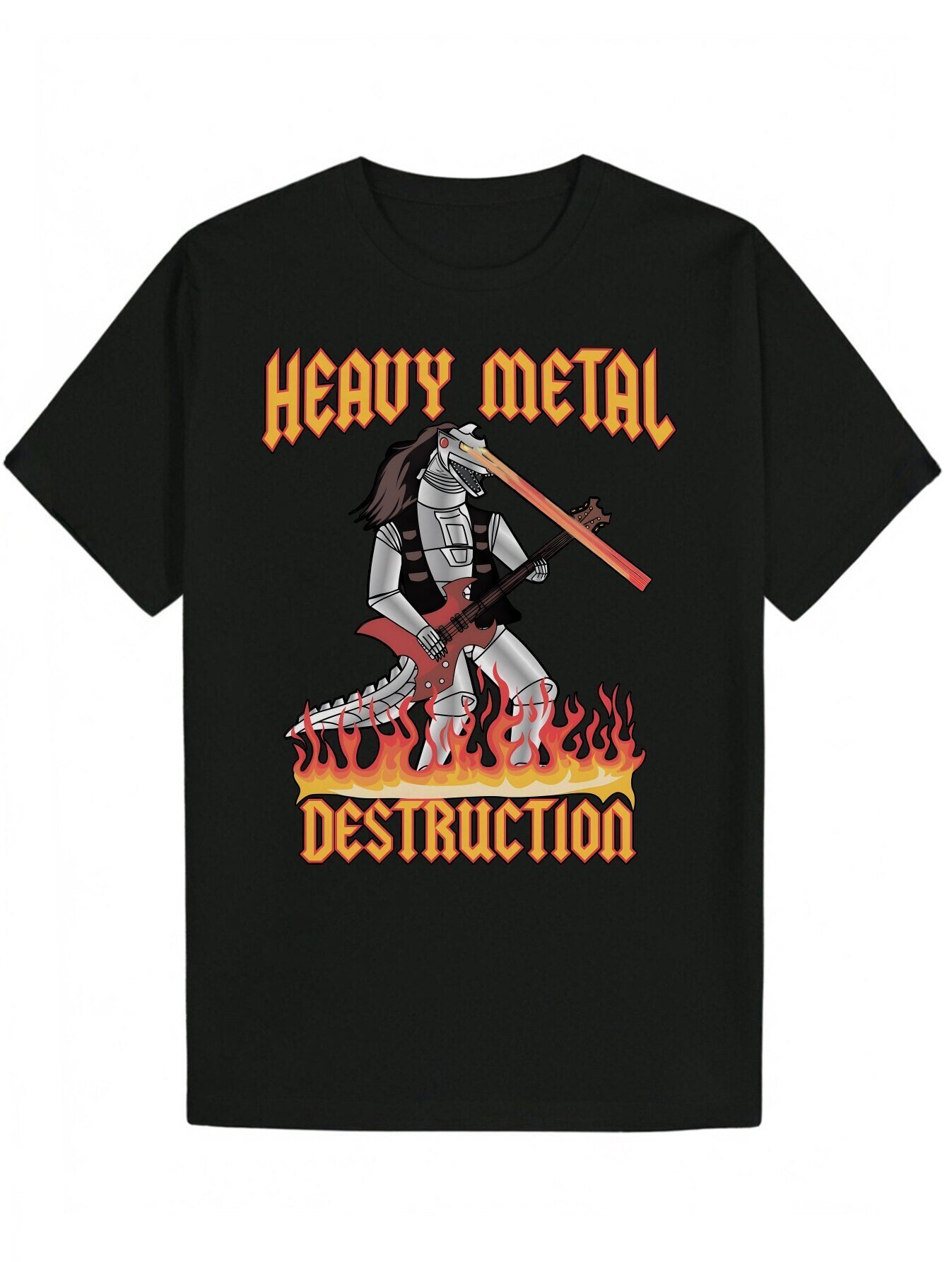 Men's Heavy Metal Distressed Graphic - Black Casual Crew Neck Polyester with Bold Red and Orange Print, Essential for Rock Music Fans in Summer, 