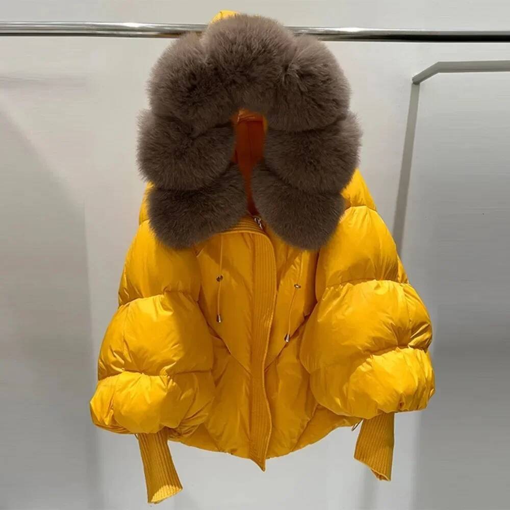 White Duck Down Coat Women Real Fur Hooded Puffer Jacket Thicken Warm Knitted Sleeve Mid Long Parka New Winter Large