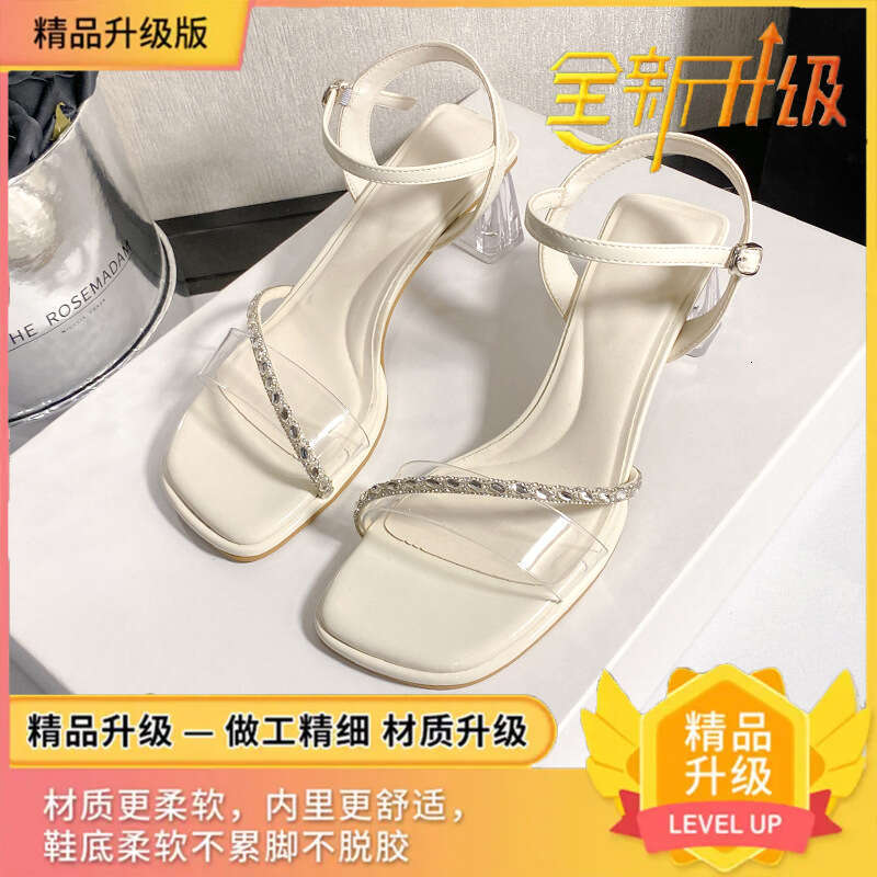 2025 Summer designer shoes New Rhinestone Sandals One-Strap Chunky Heel Slippers for Women to Wear with Dresses Stunning Slimming High Heels