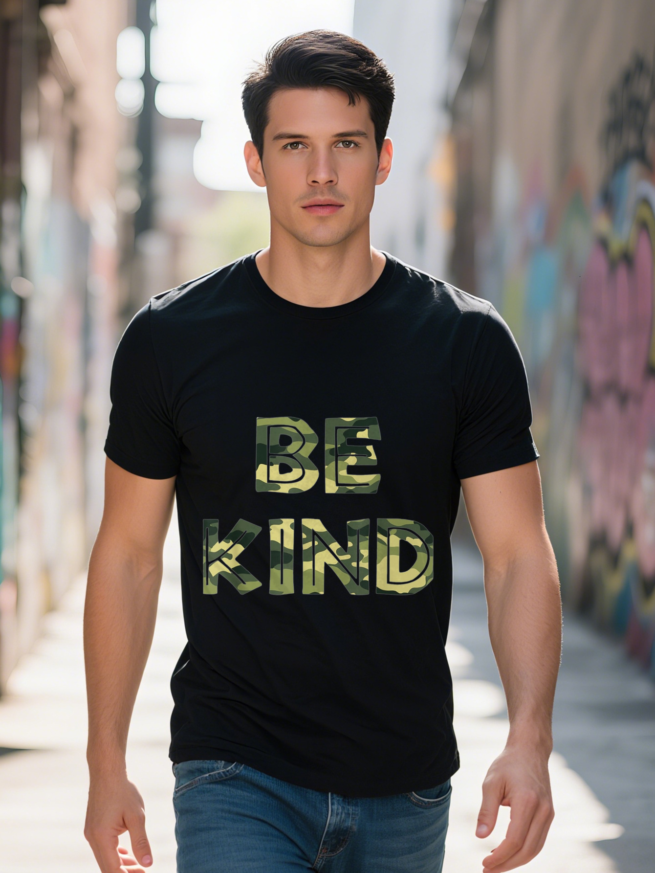 Be Kind Men's Cotton T-Shirt Black with Camo Accents Anti-Bullying Theme Crew Neck Short Sleeve Casual Fit