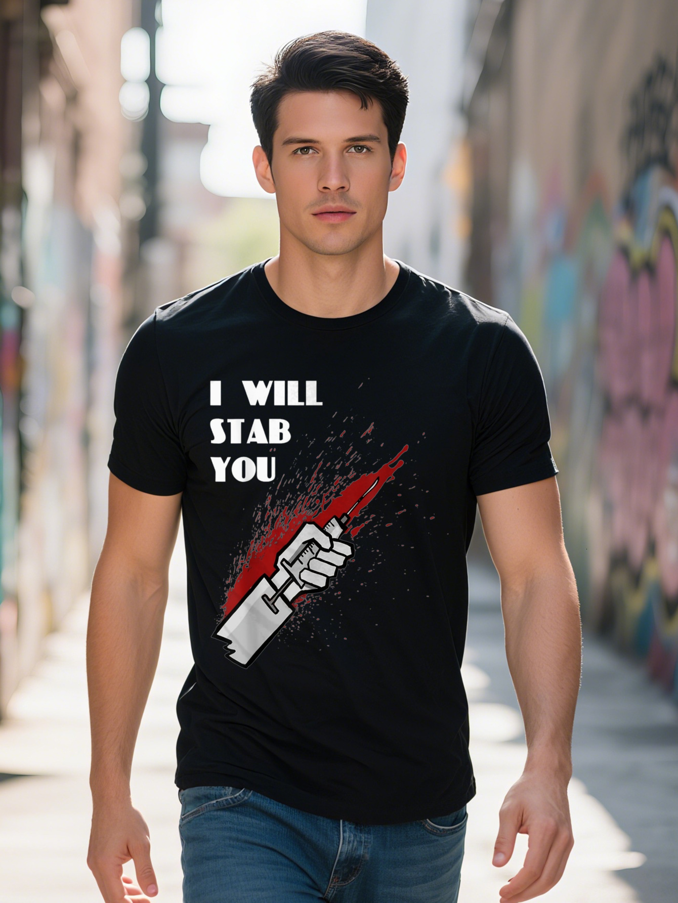 Men s Cotton Graphic T Shirt I Will Stab You Funny Nurse Design Short Sleeve Tee for Casual Attire Black with e784c 3c2d4