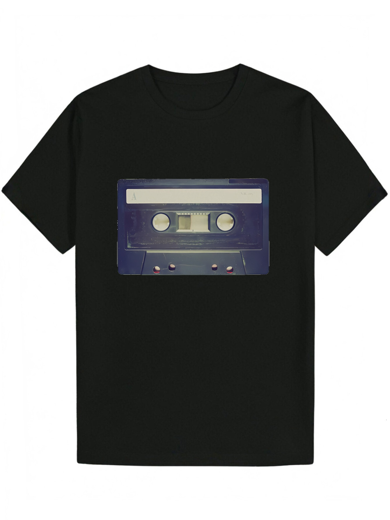 Men's Summer Short Sleeve - Cassette Tape Pattern and Letter Print, Black Crew T-Shirt, Machine Washable, Suitable for Casual Wear, Everyday Roun