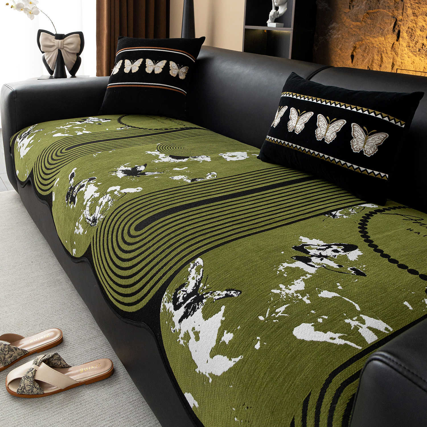 Designer Sofa Covers Blanket Non-Slip Sectional Couch Covers Luxury L Shape Resistant Sofa Slipcover for Furniture Bed Couch Sofa Green Butterfly