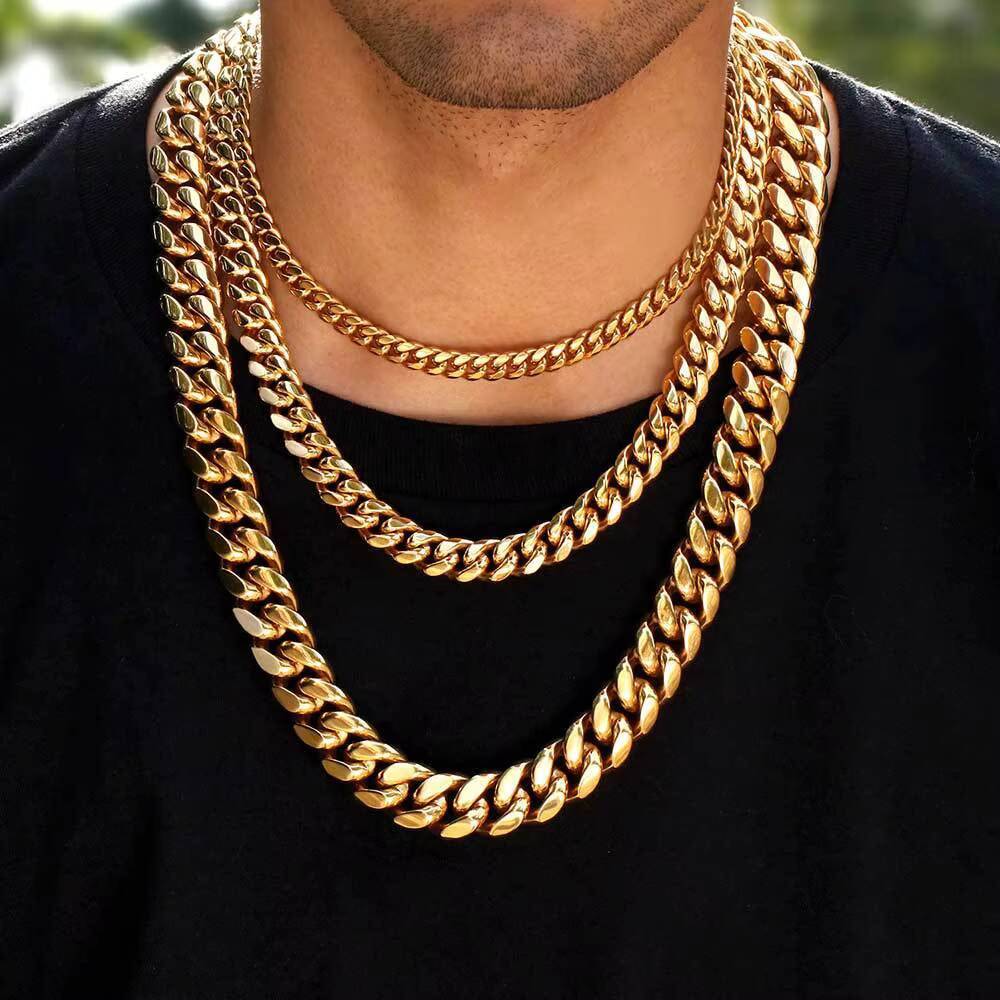 Wholesale Stainless Steel Necklace Zircon Clamshell Buckle Miami Hip Hop Cuban Chain Necklace for Men