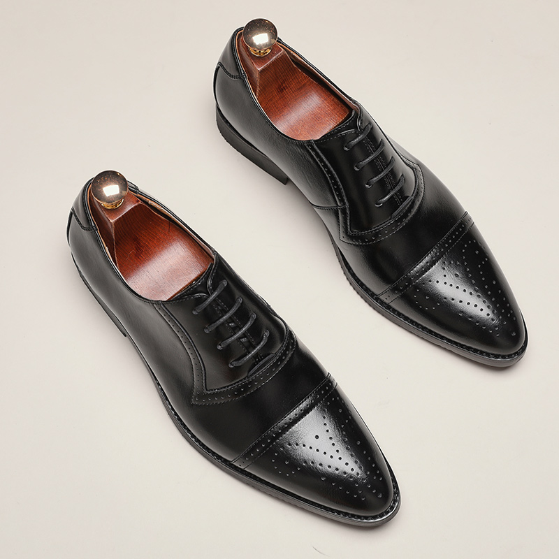 20411- New British color blocked lace up pointed block leather shoes for hairstylists, trendy men's shoes, low cut casual versatile single shoes