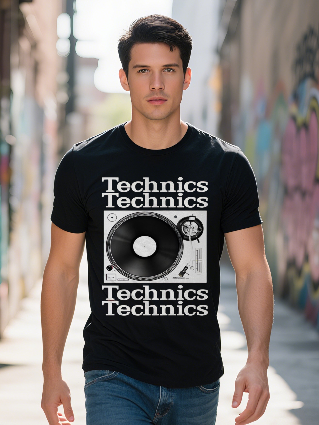 Men's Vintage Turntable Graphic T-Shirt Technics Lettering DJ Inspired Design Black Casual Round Neck Summer Tee 9d336