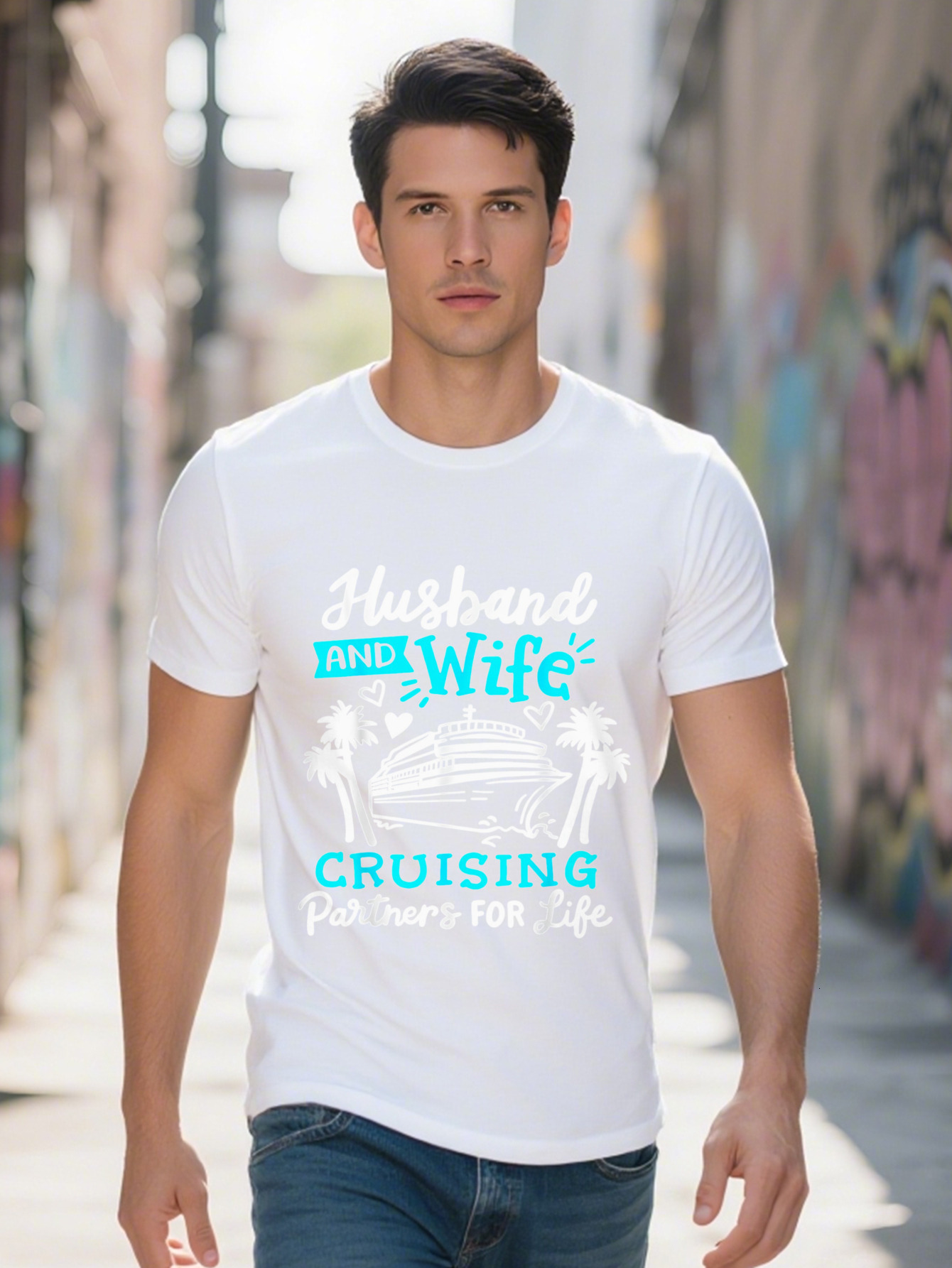 Husband Wife Cruising Partners Life Men's Cotton T-Shirt Round Neck with Fun Ship Palm Tree Design Short a5b4f