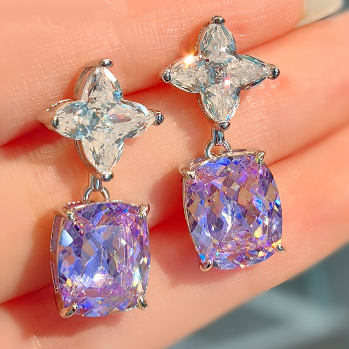 High-End Purple Kunzite Ice Flower Cut Earrings High Carbon Diamond Stud Earrings Jewelry Diamond Earrings for Women