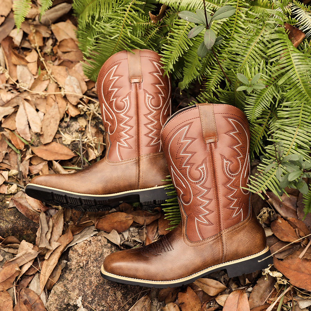 Zipper Bag Packed High Barrel Embroidered Vintage Wide-Headed Western Cowboy Boots