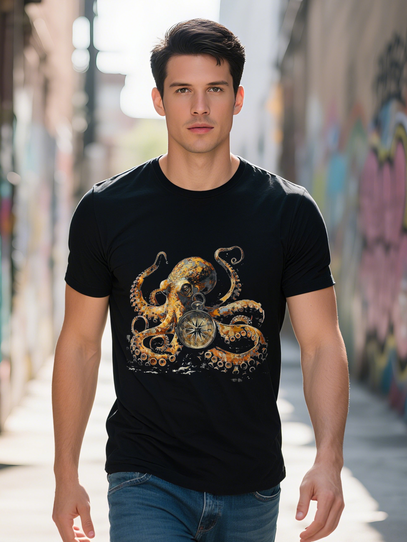Men s Cotton T Shirt Fun Octopus Kraken with Compass Black Casual Short Sleeve for All Seasons Size H daf9a