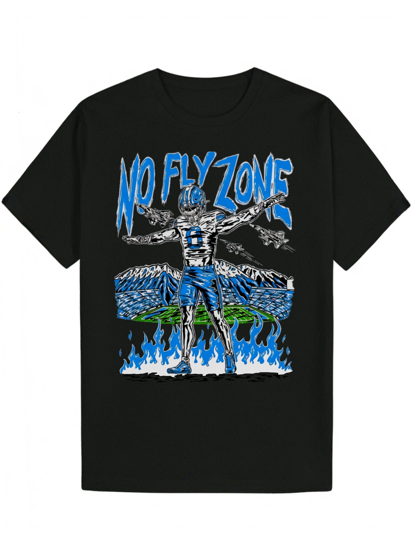 Men's "No Fly Zone" Graphic - Black Crew Neck Polyester T-Shirt, Bold Blue and White Design, Summer Casual Must-Have, T-Shirt f41f6