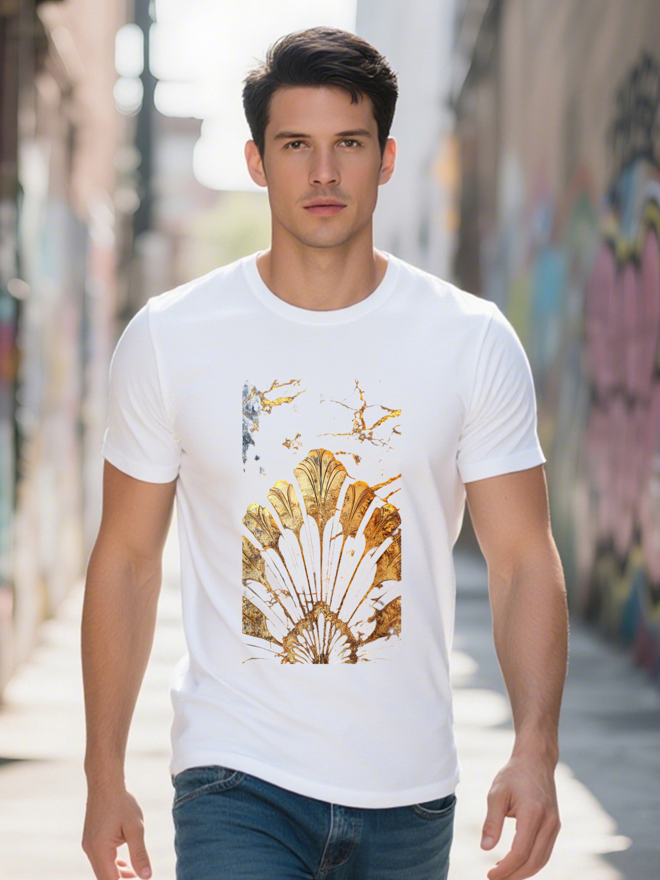 Men's Tortoise Shell Golden Leaf Print T-Shirt Cotton Short Sleeve Crew Neck Casual Tee Regular Fit c6100