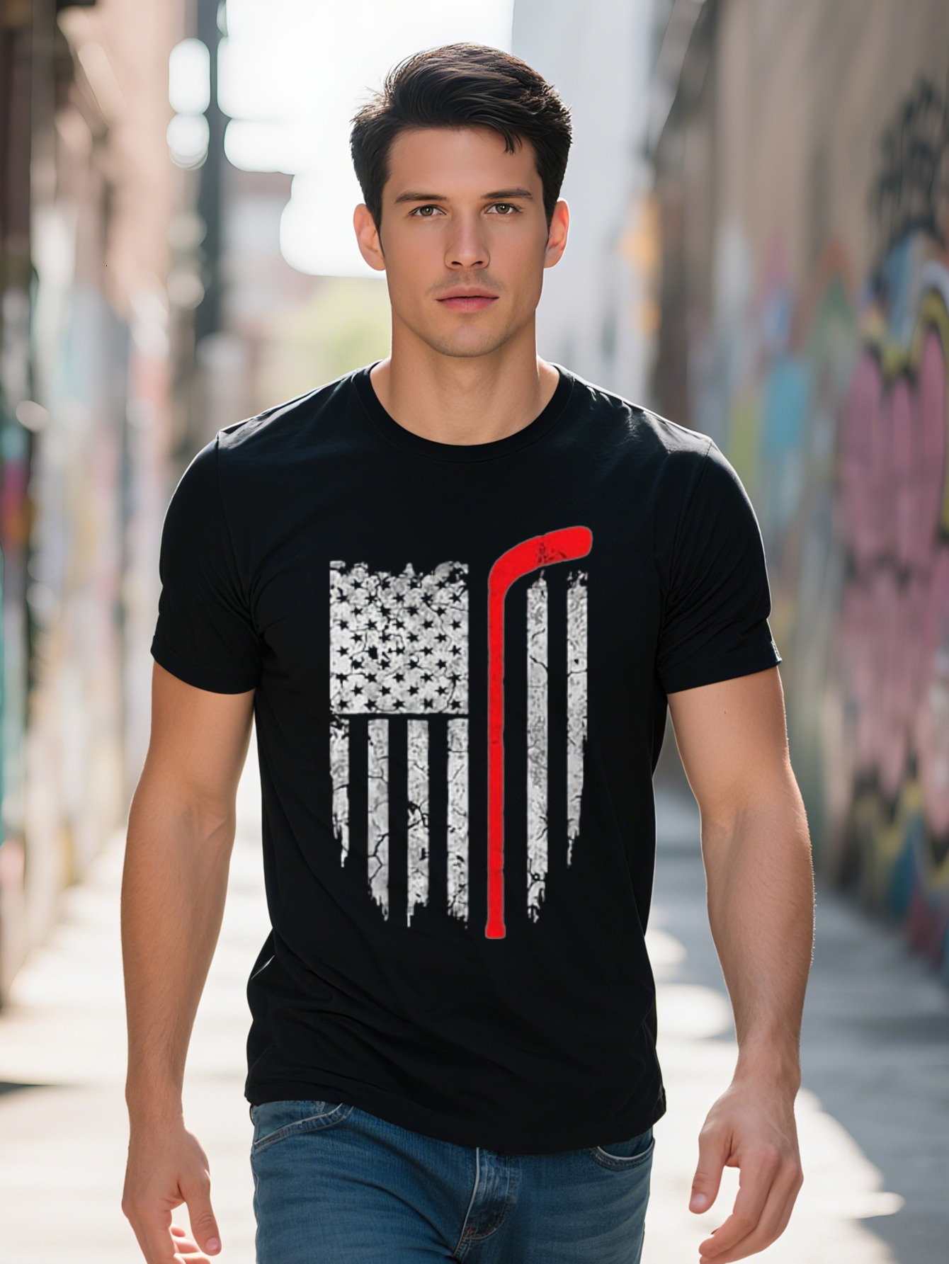 Sport Theme Short Sleeve American Flag T-shirt Hockey Tee Shirts 38e1a