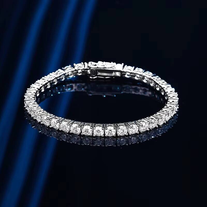 925 Sterling Silver White Gold Plated Round Brilliant Cut Moissanite Tennis Chain Bracelet for Women 4MM Moissanite for Gifts