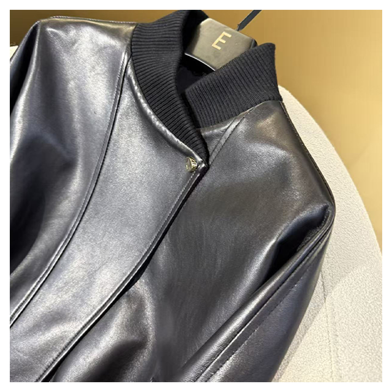Fashionable black pilot jacket top ribbed stand up collar PU leather jacket men's leather jacket