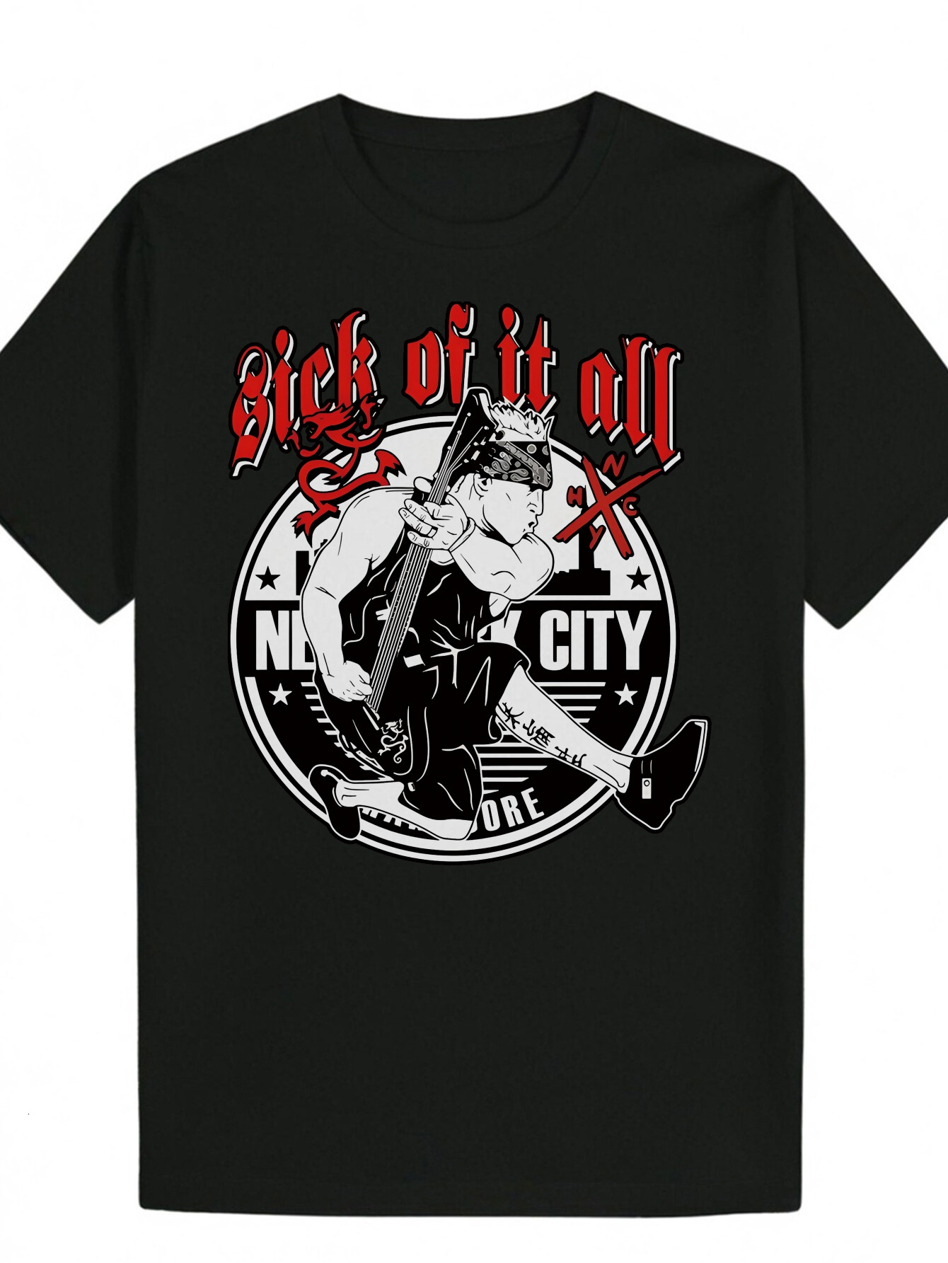 Men's Summer Crew Neck - 'Fed Up' Graphic Tee with Guitarist Design, Suitable for Music Fans, Casual Wear, and Outdoor Activities, Blac