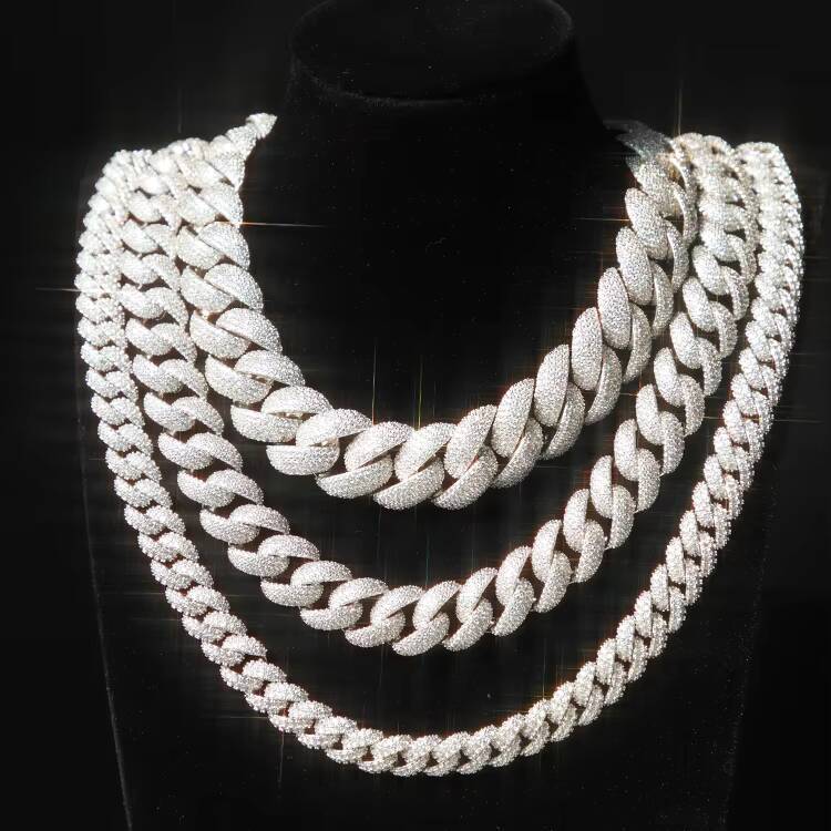 RTS Hiphop Jewelry Necklace 6mm/9mm/13mm Ice Out 2Row Round Link Chain 925 Silver VVS Moissanite Cuban Link Chain Necklace
