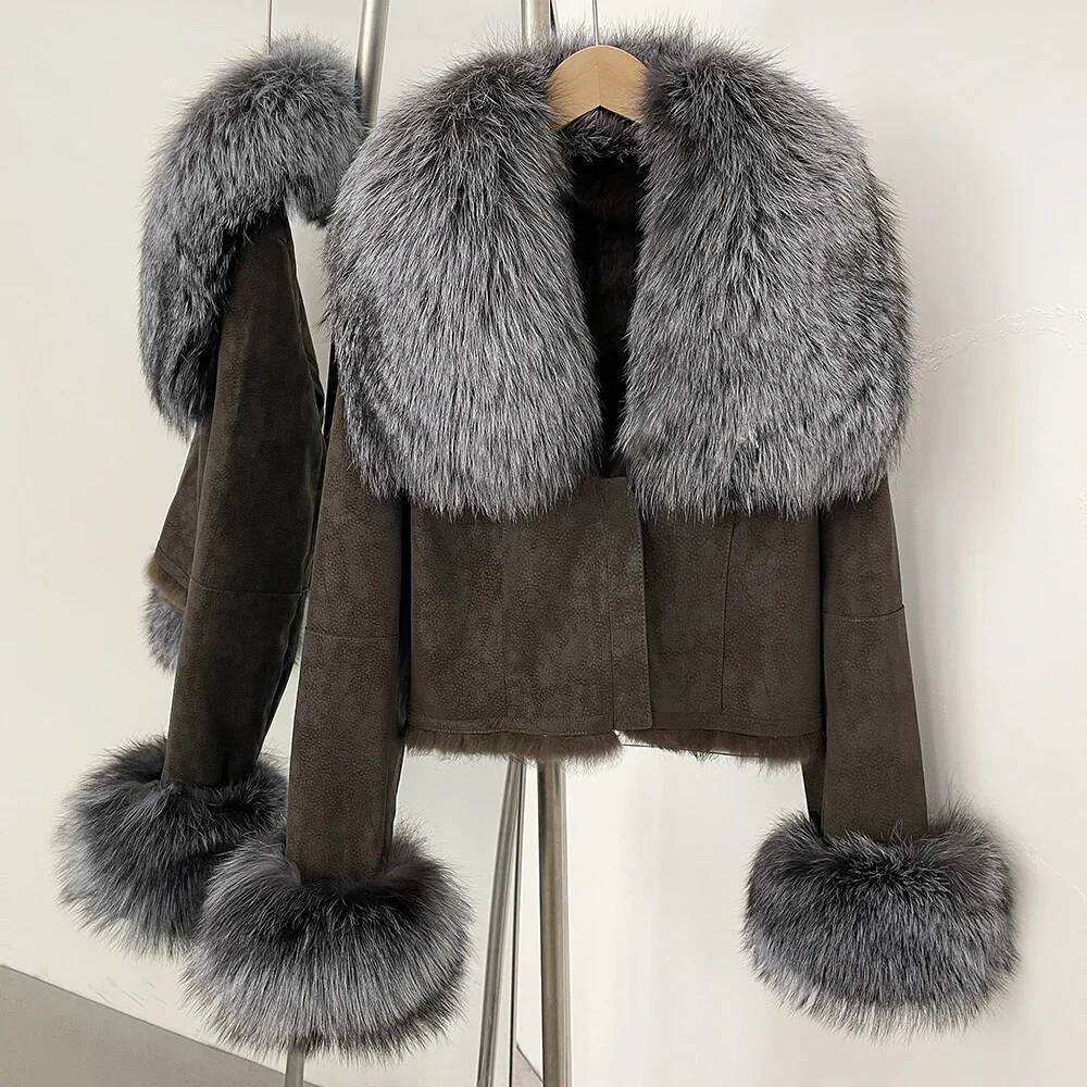 25ss Reality Jacket Suede Fox Coat Women New Autumn Winter Short Clothes Warm Rabbit Liner Female Natural Raccoon Fur