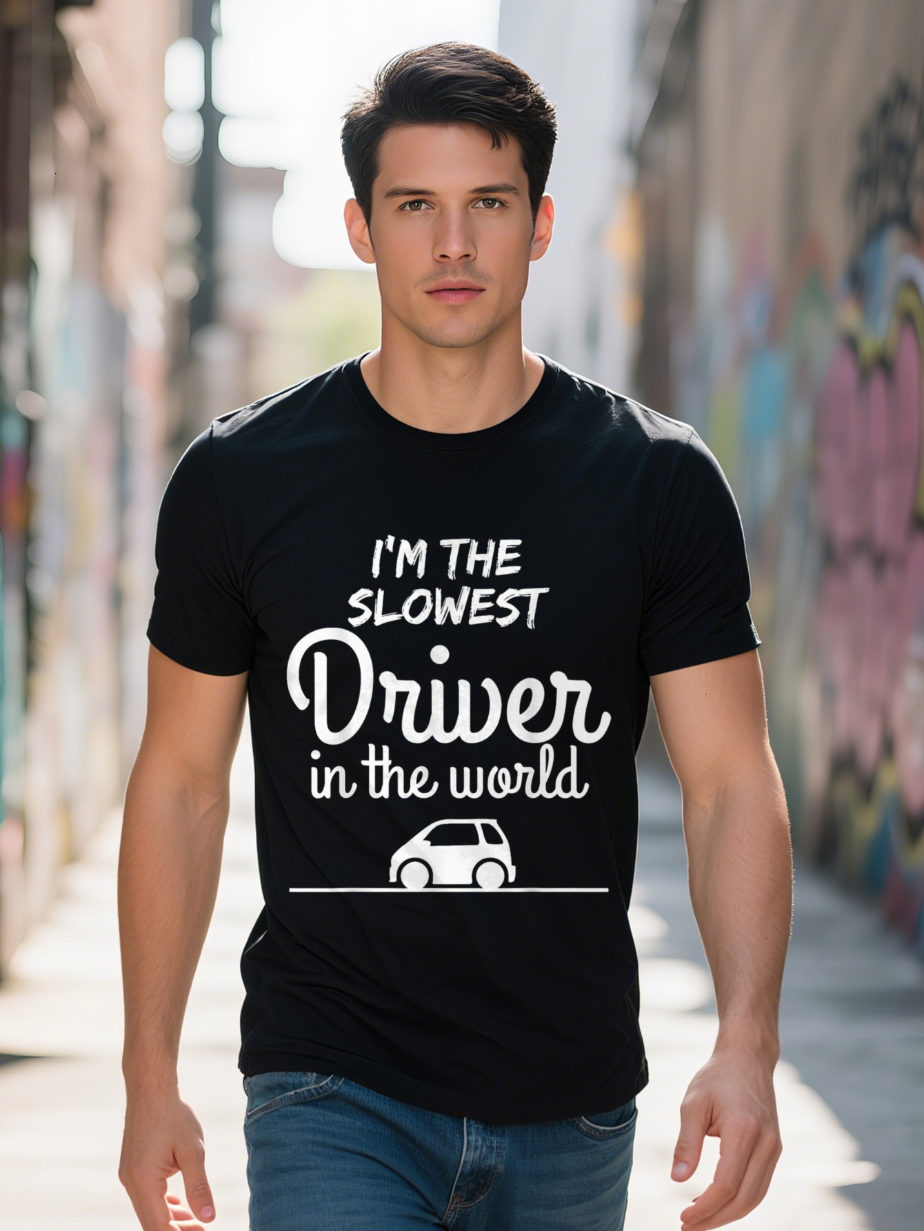 Men s Funny Slowest Driver in the World T Shirt Cotton Black with White Text Car Illustration for Casual Attire 20a06