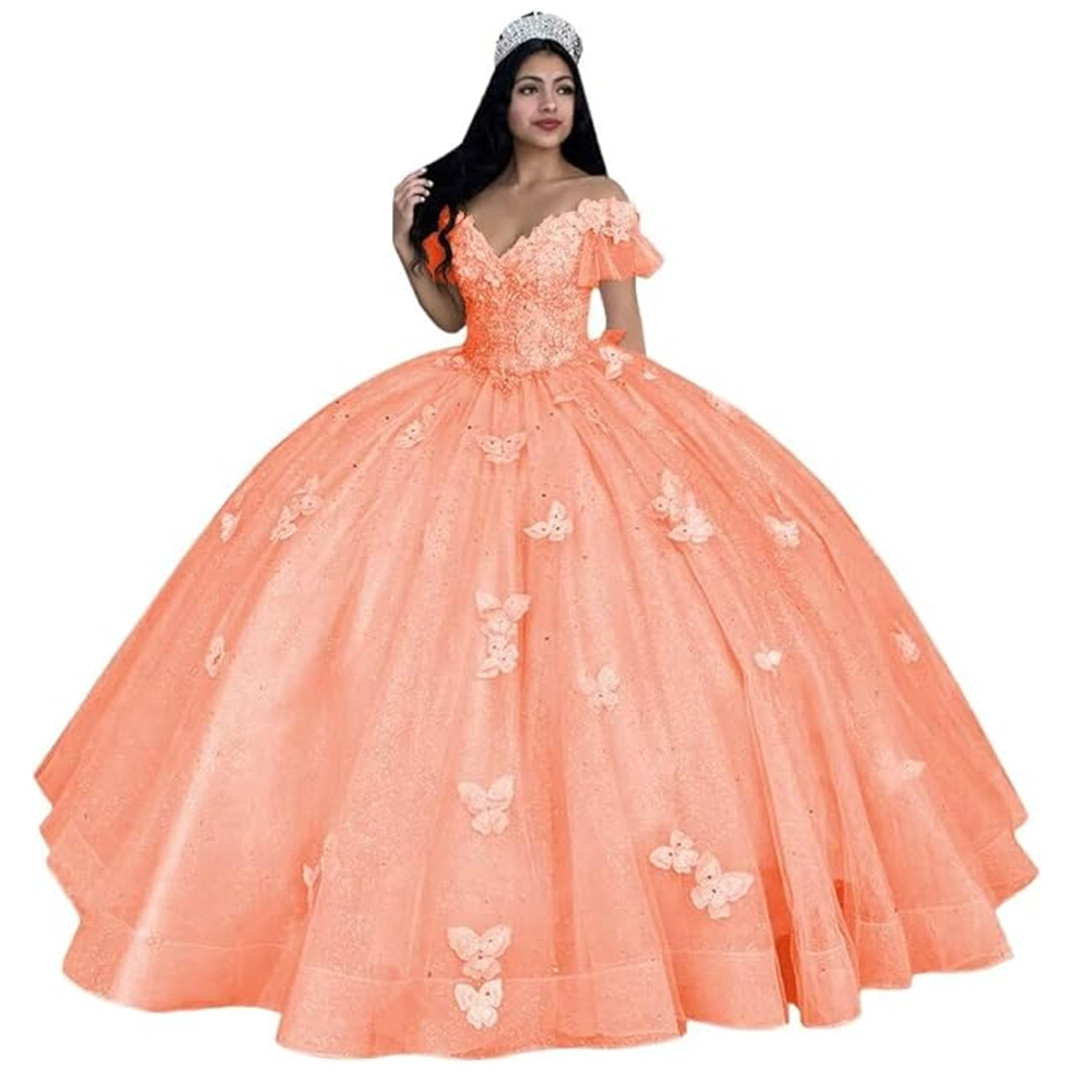 Light Pink Quinceanera Dresses with 3D Floral Applique Tulle Sweep Train Off the Shoulder Beaded Pleats Sweet 15 16 Birthday Ball Gown Custom Made
