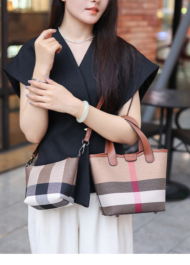 Women's Handbags Genuine Leather Canvas Checkered Color - Blocking Handheld Bags Market Basket Bags 2025 New Fashion Shoulder and Cross - body Bu