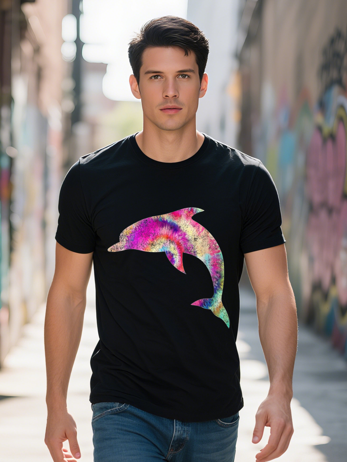 Men's T-shirt g Cotton Cool Tie Dye Dolphin Silhouette Artwork T Shirt b946a