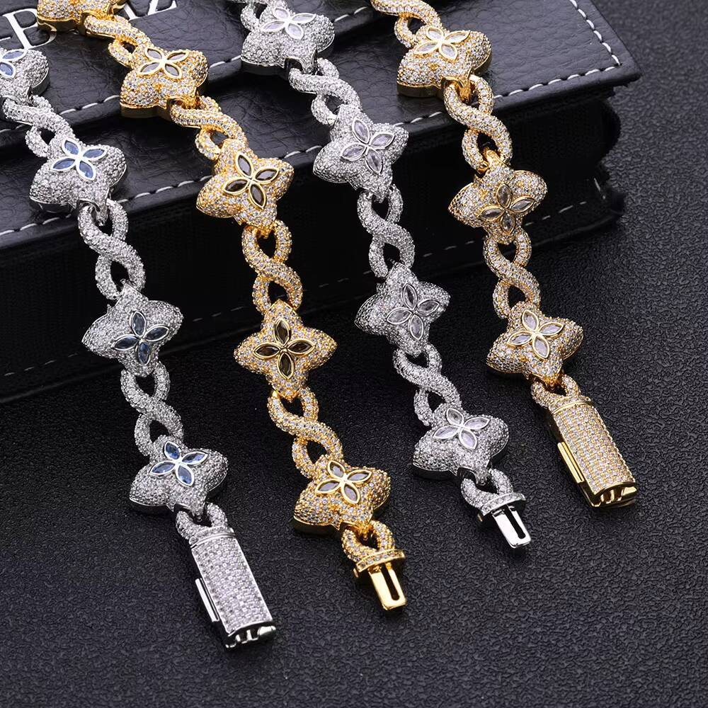 De Hip Hop Jewelry Flower Cross Design Iced Out Diamond Chain Silver Gold Four Leaf Clover Infinity Miami Cuban Link Bracelet