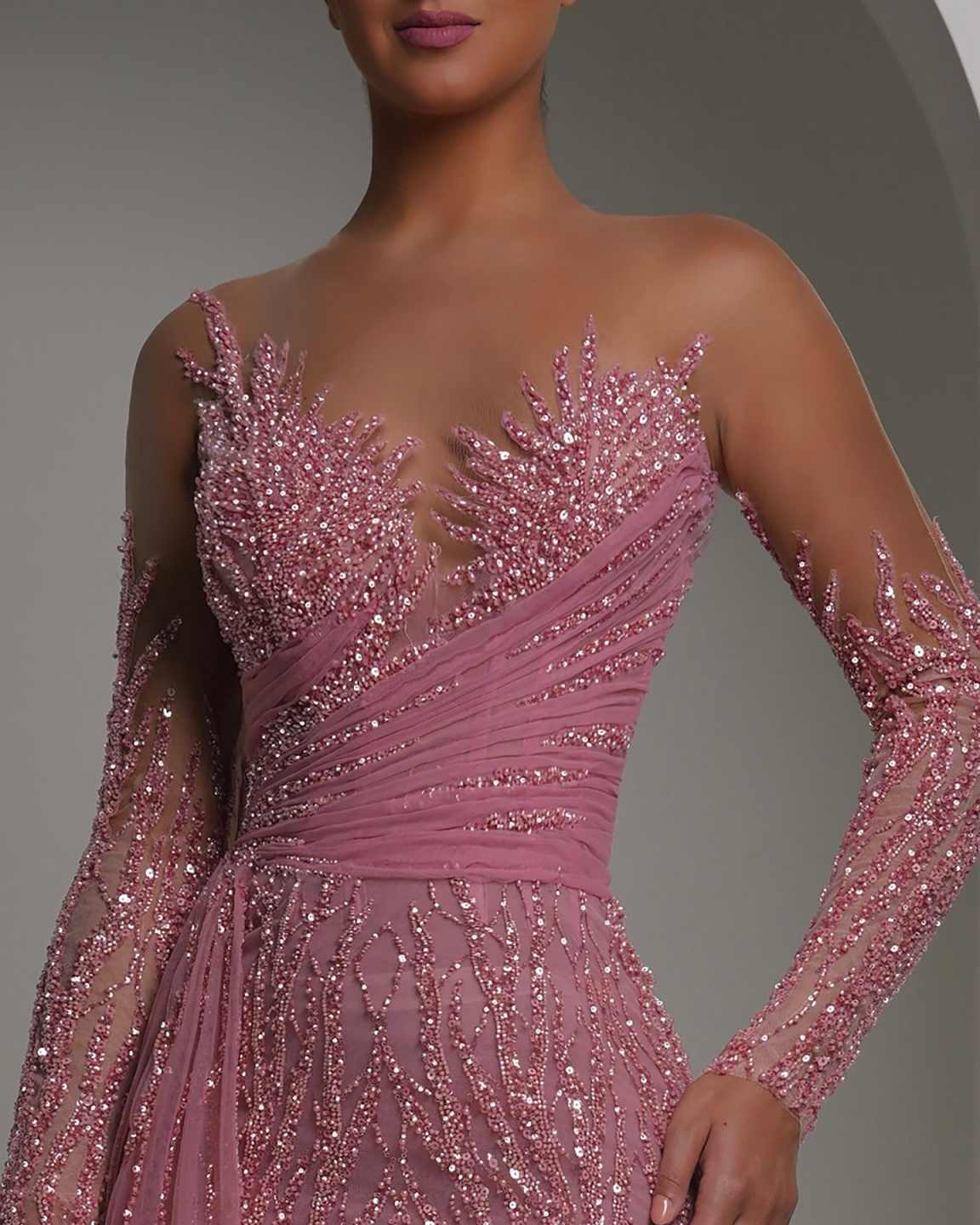Shining Evening Dress Long Sleeves Handmade Beaded Sequined Illusion Evening Party Gowns Vestido De Noche Customized