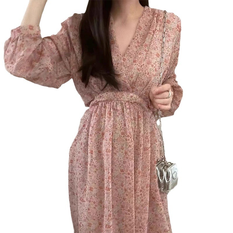 D52305 Long V-neck floral dress women's 2025 summer casual loose skirt
