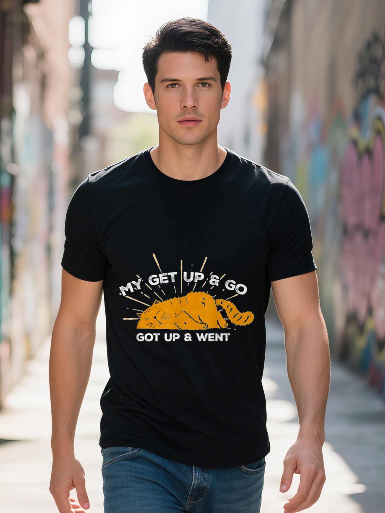 Men s Cotton T Shirt My Get Go Got Up Went Funny Cat Graphic Round Neck Short Sleeve All Season Comfort Fit 3d614