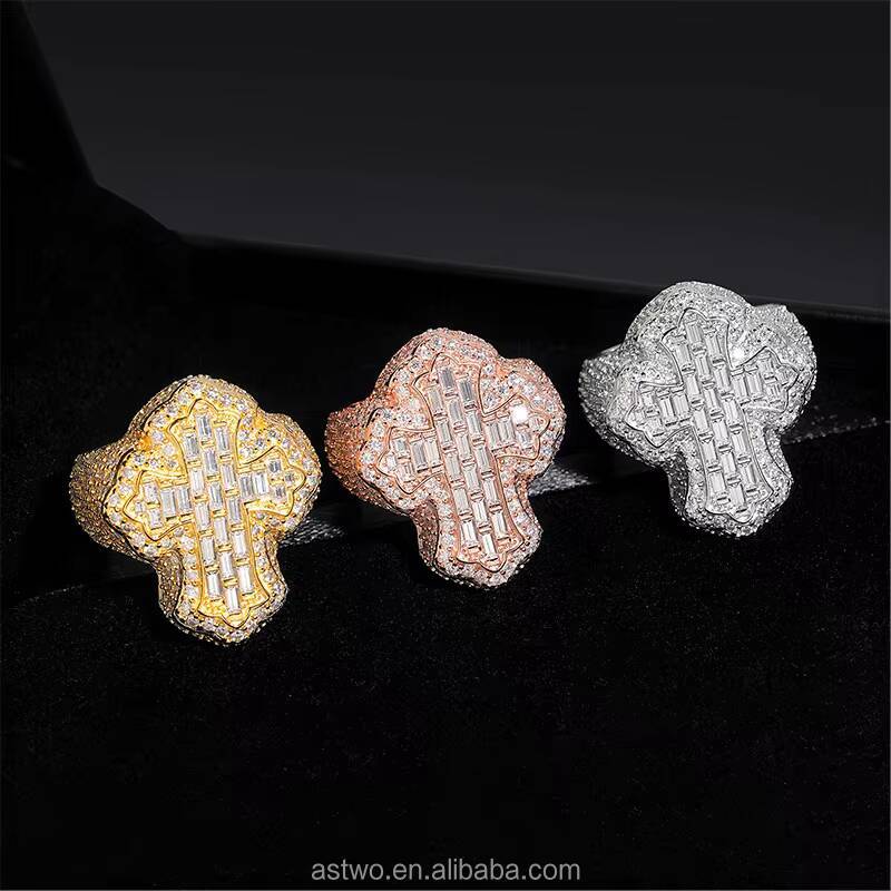 925 Sterling Silver Cross Moissanite Ring Hip Hop Baguette Cut Statement Jewelry Moissanite Hip Hop Ring