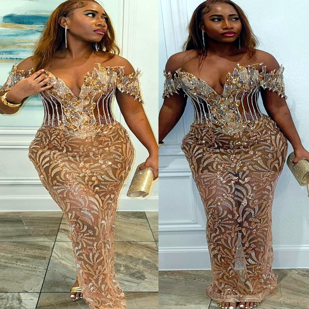 Gold Sheath Prom Dresses 2025 Off Shoulder Crystals Beaded Sequined Evening Formal Party Second Birthday Engagement Gowns Plus Size Dress For Special 