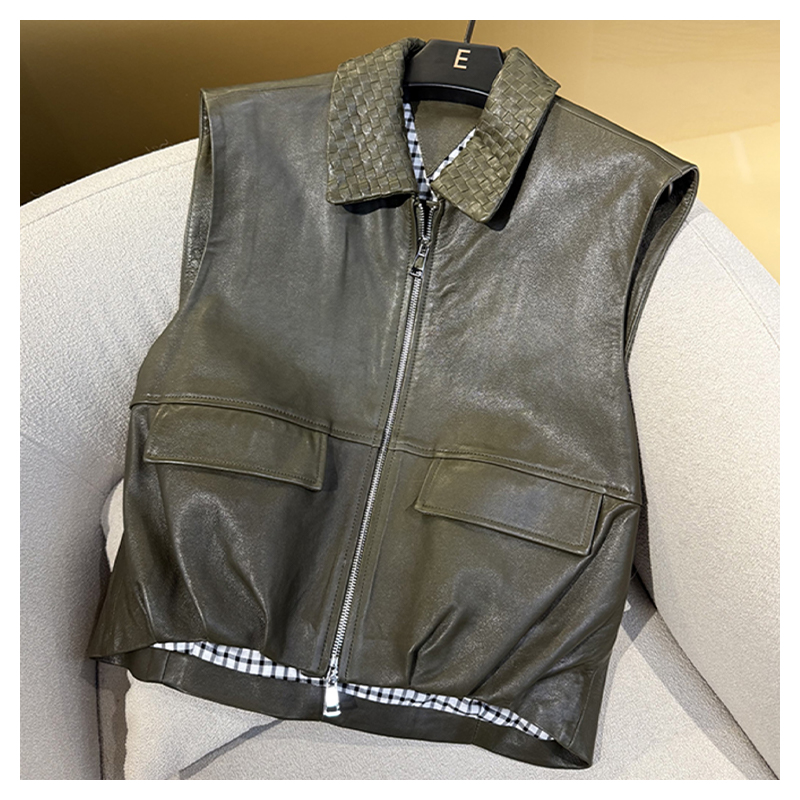 Genuine leather sheepskin woven collar, contrasting plaid lining, leather vest, camisole jacket for casual women