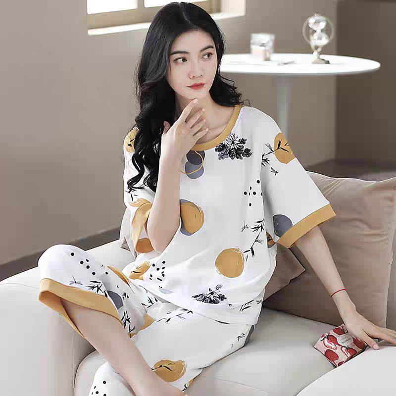 B1001-Summer pajamas for women Summer 2025 new casual short-sleeved cropped pants cotton ladies home clothes can be worn outside
