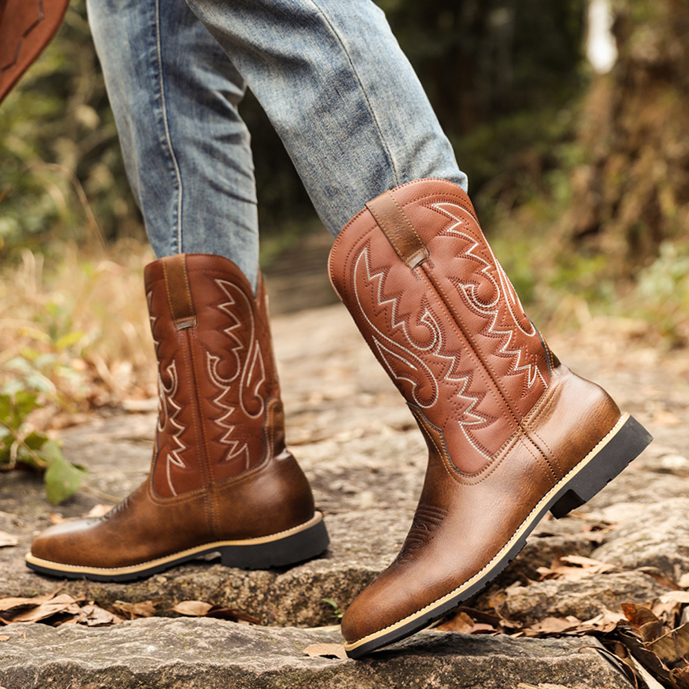 Zipper Bag Packed High Barrel Embroidered Vintage Wide-Headed Western Cowboy Boots