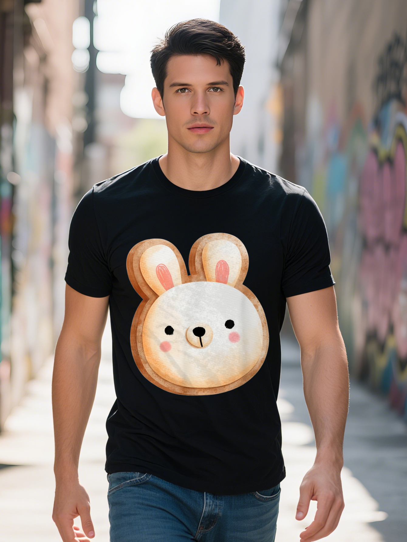Men s Cotton T Shirt Casual Crew Neck Short Sleeve Tee with Bunny Cookie Milk Print All Season Knit Fabric 3bf60