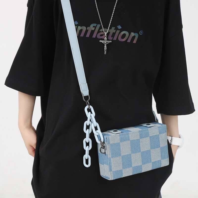 DHessentials Denim Chain Small Square Men Trendy Brand Casual Versatile Fashion Korean Version Box Canvas Single Shoulder Crossbody Bag Women
