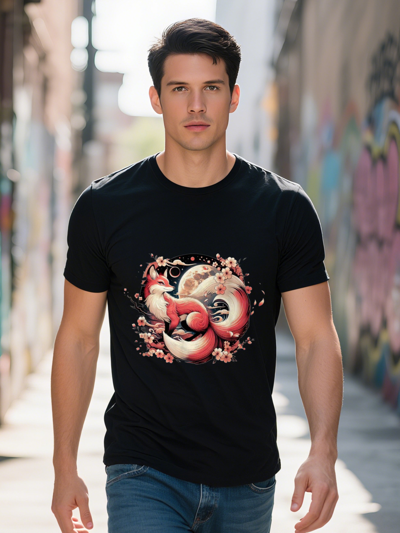 Men s Cotton T Shirt Japanese Kitsune Nine Tailed Fox Design with Black Short Sleeve for Casual Attire