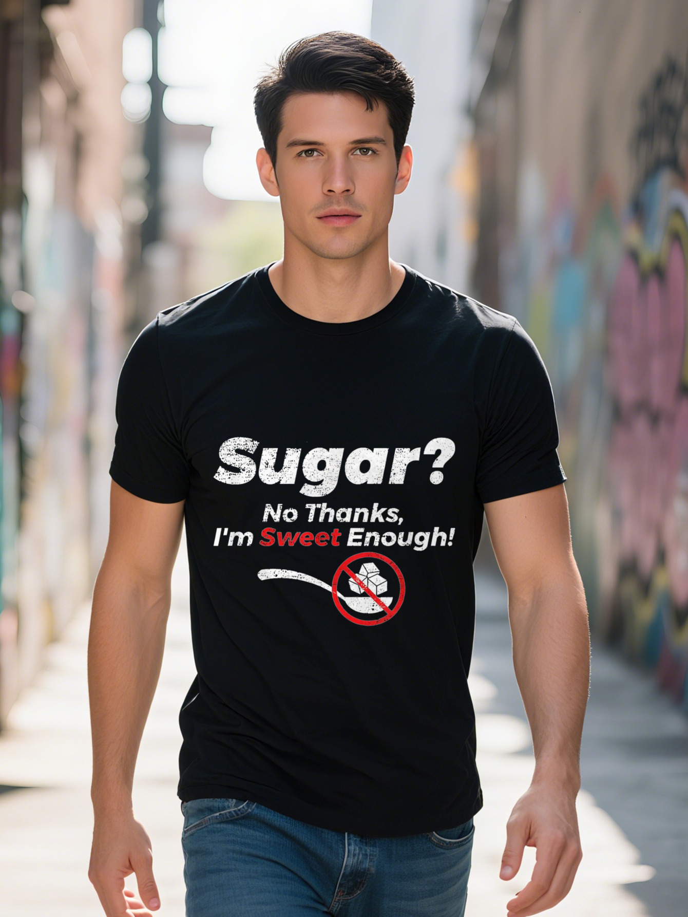 Funny Sugar No Thanks I'm Sweet Enough Men's T-Shirt Cotton Short Sleeve Round Neck Washable Casual 60dd7