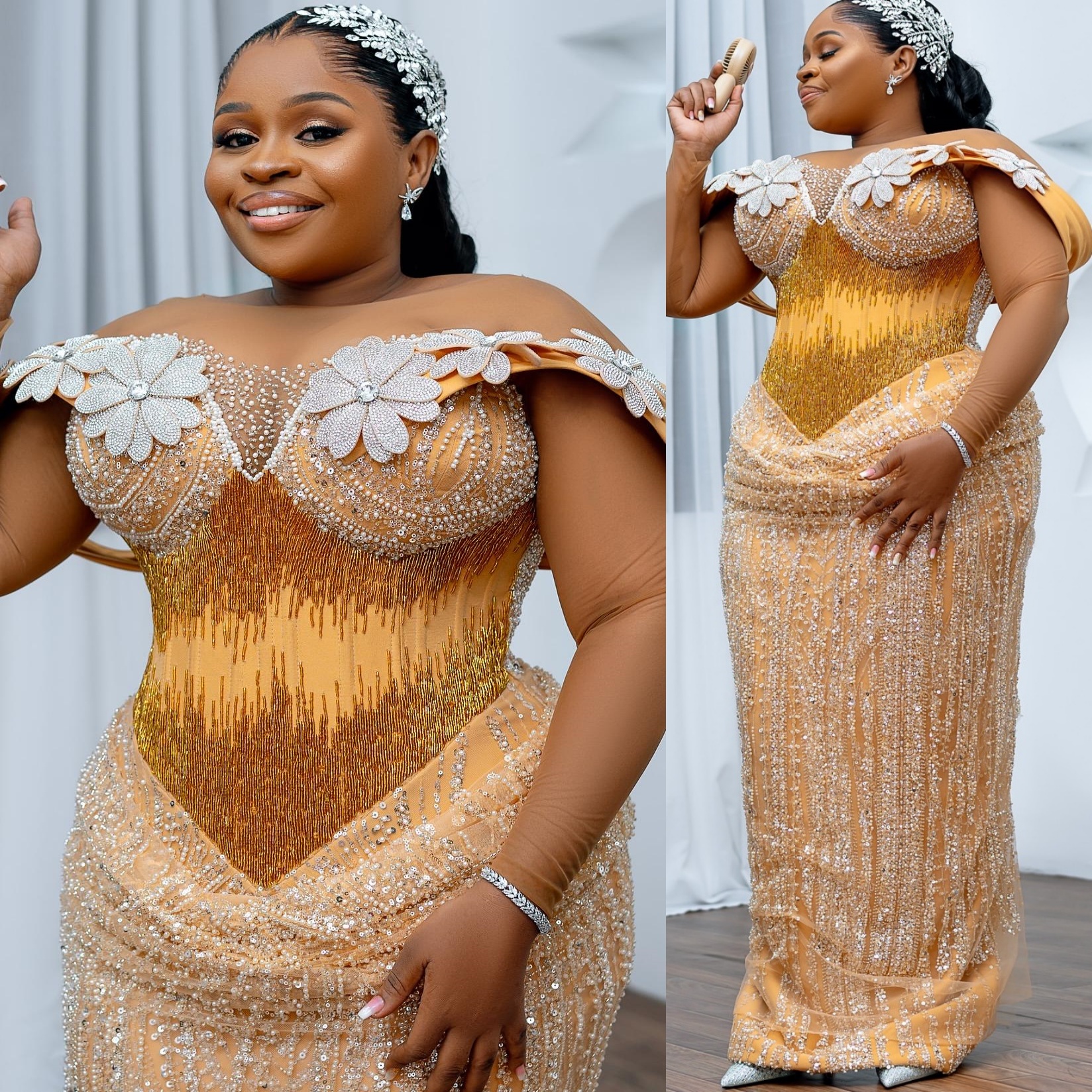 Gold Sheath Prom Dresses 2025 Flowers Beaded Sequined Evening Formal Party Second Birthday Engagement Gowns Plus Size Dress For Special Occasions ZJ75