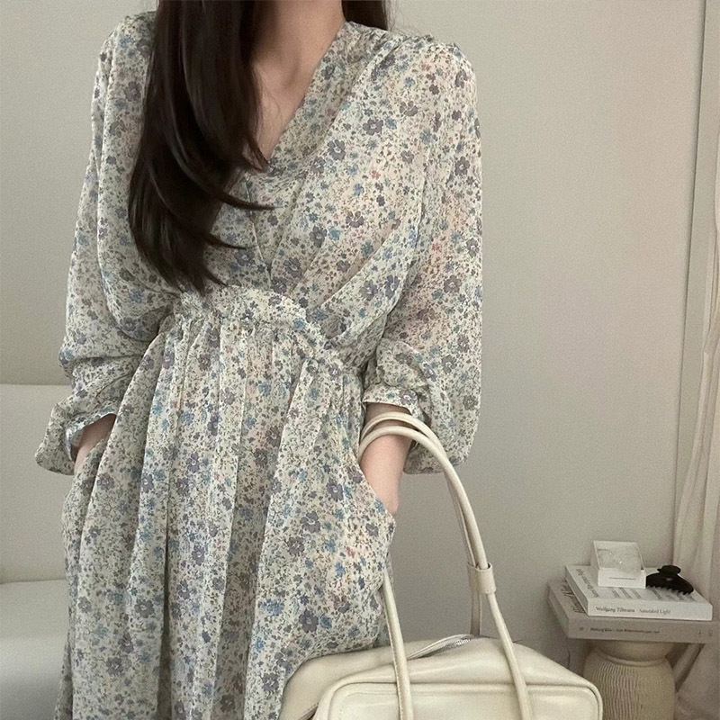 D52305 Long V-neck floral dress women's 2025 summer casual loose skirt