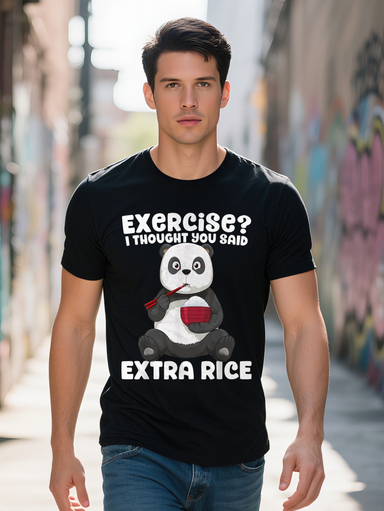 100% Cotton Men's Funny Panda Extra Rice Graphic T-Shirt Casual Loose Fit Washable Ideal for Summer 5b29e