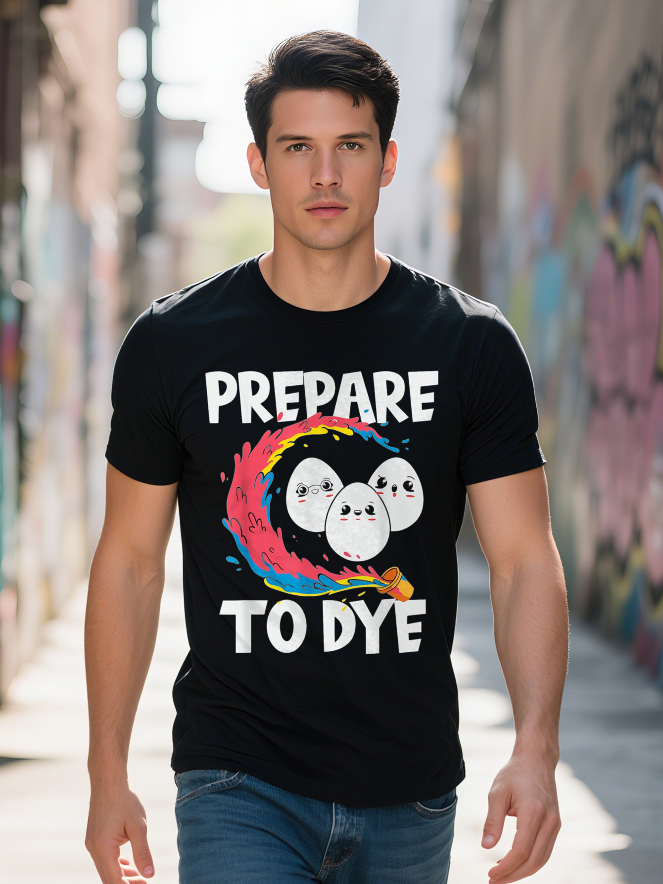 Easter Eggs Prepare to Dye Graphic T-Shirt Men Women Cotton Breathable Short Sleeve Tee with Cartoon Design 6ecb8