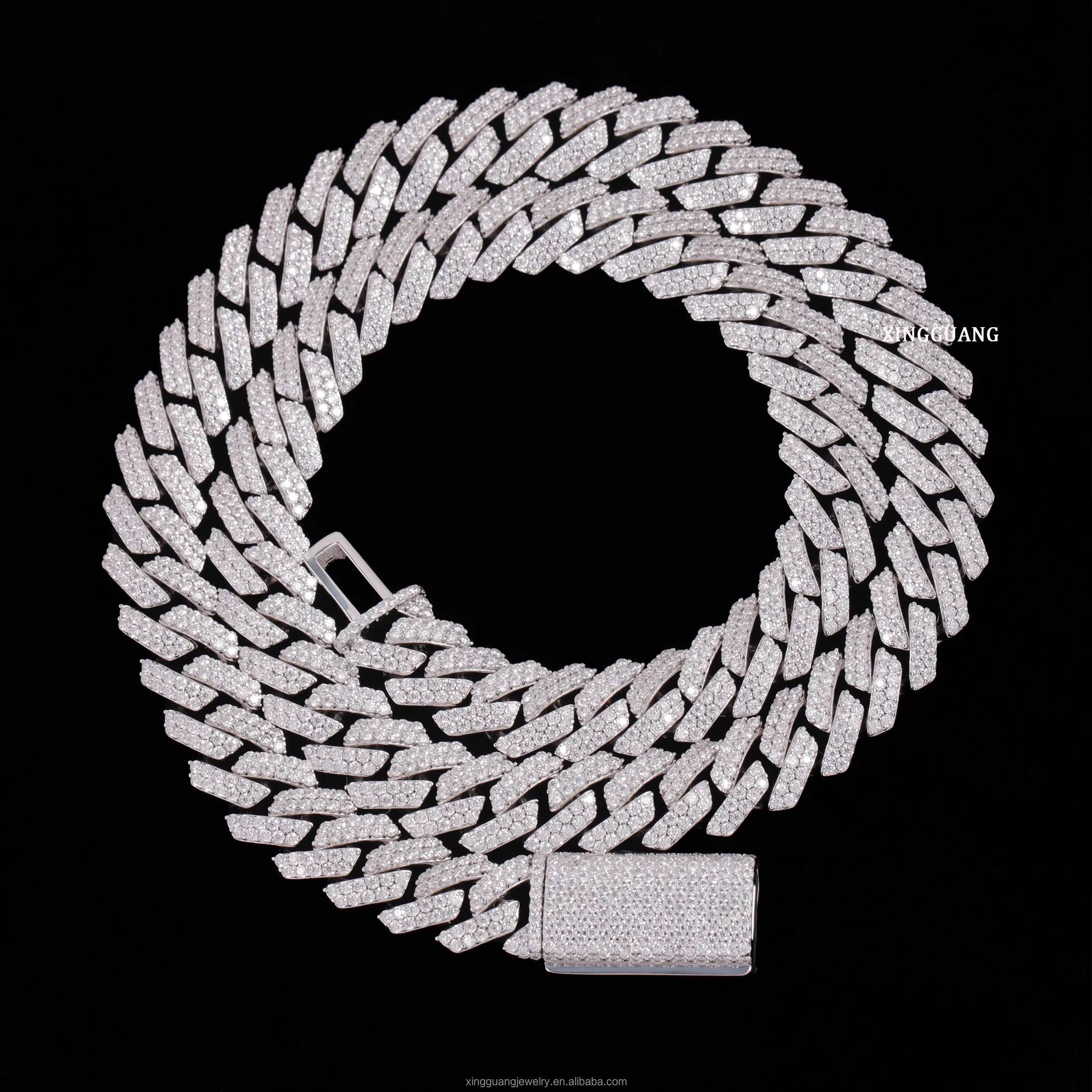 Hot Selling VVS Moissanite Cuban Link Chain for Men 2rows 10mm 12mm Wide 925 Sterling Silver Cuban Chain Hip Hop Necklace
