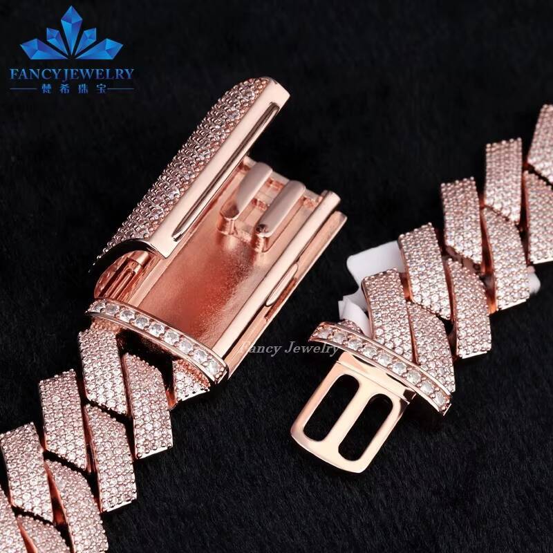 Drop Shipping Rose Gold Plated 925 Silver 4 Rows Hip Hop Iced Out Classical Style Chain 16mm 18mm 20mm Cuban Link Necklace GRA